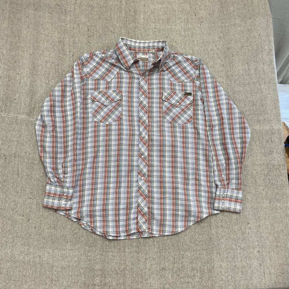 vintage Sears Western Button up shirt mens large brown plaid 1970s Long Sleeve